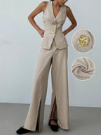 Flowering Girl Women Khaki High Waist Front Slit Wide Leg Suit Pants Textured Linen Blend Office Trousers