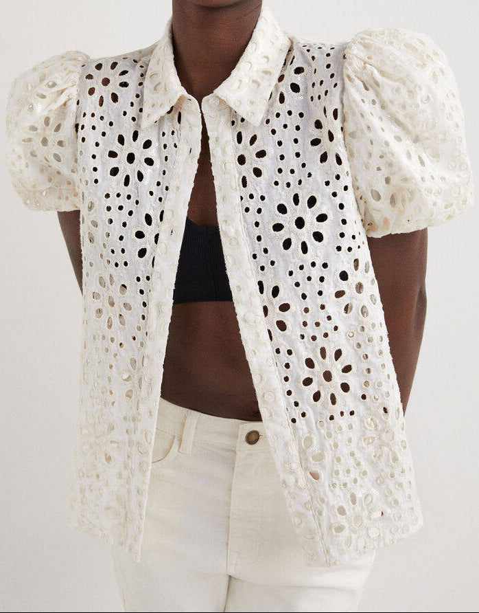 White Eyelet Embroidered Puff Sleeve Open Shirt