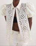 White Eyelet Embroidered Puff Sleeve Open Shirt