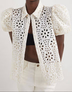 White Eyelet Embroidered Puff Sleeve Open Shirt