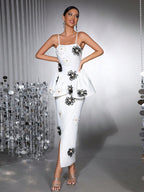 White Bodycon Midi Dress Bandage Elastic Sling With Handmade Flower