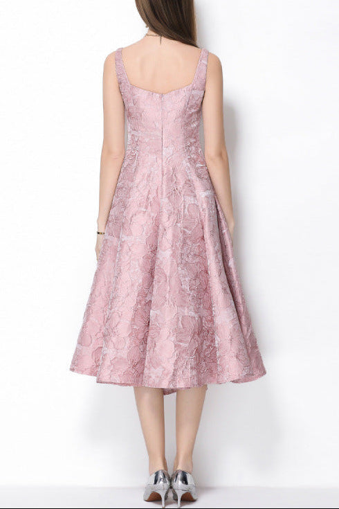 Beverly Vintage Jacquard Slip Midi Dress In Pink