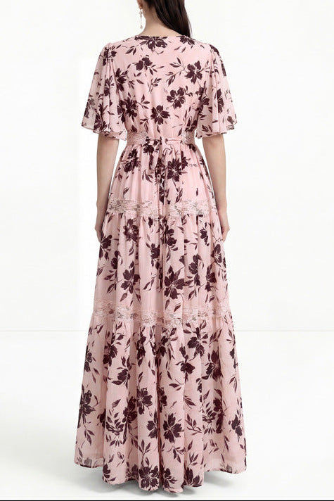 Flowering Girl Women Ashley V-Neck Lace Trim Printed Maxi Dress - Pink
