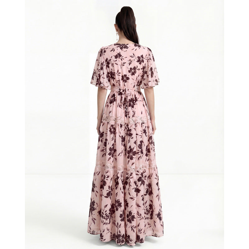 Flowering Girl Women ashley V-neck lace trim printed maxi dress - pink