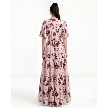 ashley V-neck lace trim printed maxi dress - pink