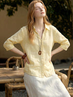 Flowering Girl Women Light Yellow Linen V-Neck Three-quarter Sleeve Shirt