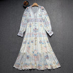 Flowering Girl Women lesley Printed V-neck lantern sleeve slit maxi dress - blue