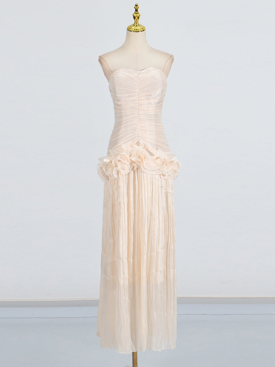 Flowering Girl Women ruffle-embellished pleated maxi dress in apricot