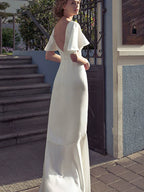 White irregular V-neck, backless long skirt, flared sleeves, elegant dress skirt, waist slimming, satin dress