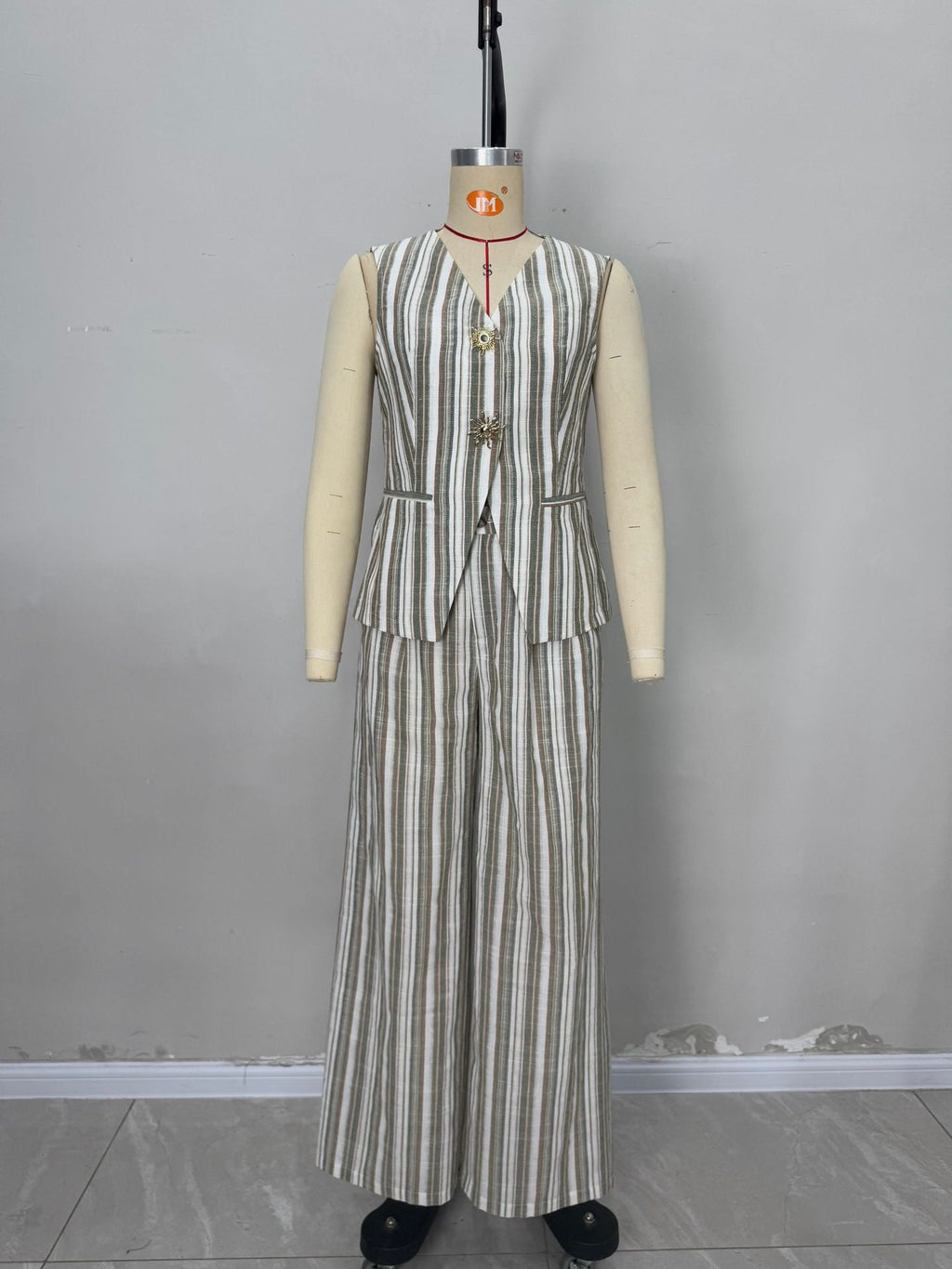 Flowering Girl Women Green White Stripe Linen Sleeveless V-Neck Vest & Wide Leg Pants Two-Piece Set