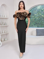 3d flower leopard pattern bandage maxi dress in black