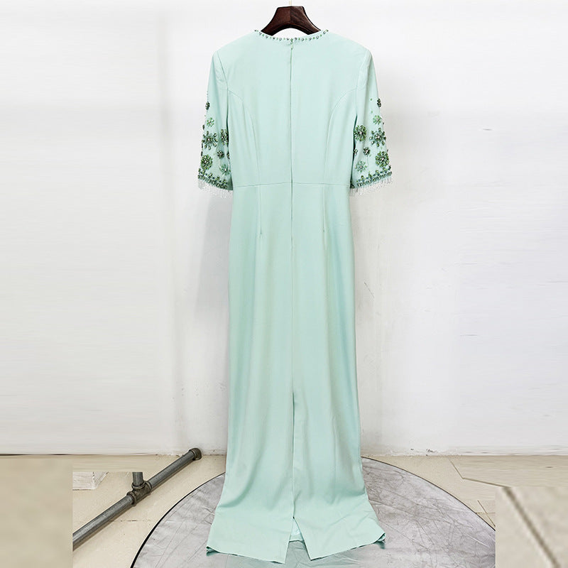Flowering Girl Women mesh splicing bead diamond mid-sleeve mint green long dress