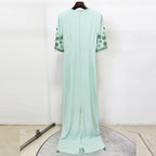 Flowering Girl Women mesh splicing bead diamond mid-sleeve mint green long dress