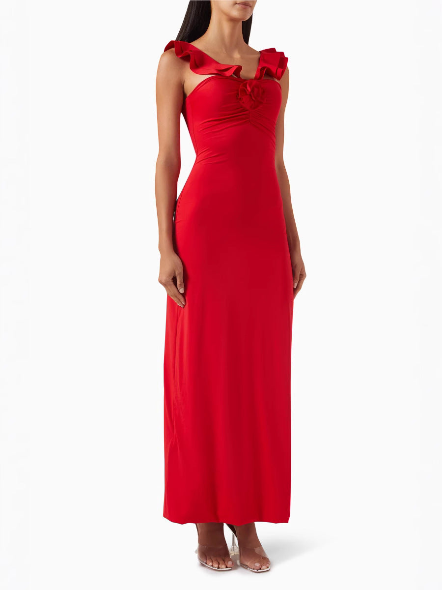 Flowering Girl Women floral ruffle trim halter midi dress in red