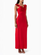 Flowering Girl Women floral ruffle trim halter midi dress in red