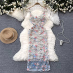 sleeveless embroidery lace mesh midi dress