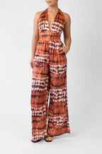 Flowering Girl Women Halter V-Neck Tie Dye Wide Leg Pocket Jumpsuit