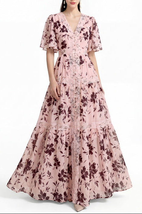 Flowering Girl Women Ashley V-Neck Lace Trim Printed Maxi Dress - Pink