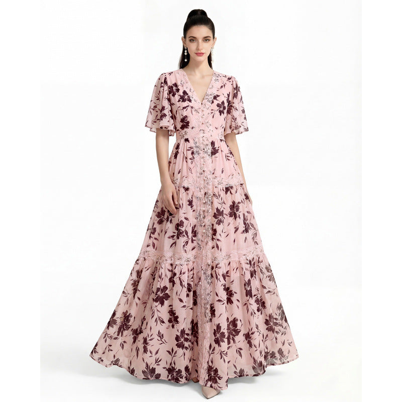Flowering Girl Women ashley V-neck lace trim printed maxi dress - pink