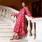 Flowering Girl Women Phoenix Red Floral Print Maxi Dress With Belt
