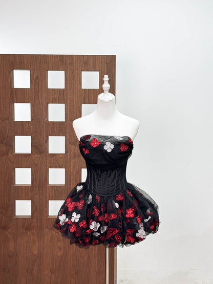 Roxya Floral Strapless Corset Mini Dress - Black
