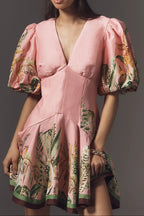 Flowering Girl Women v-neck puff sleeve cotton linen printed mini dress - pink