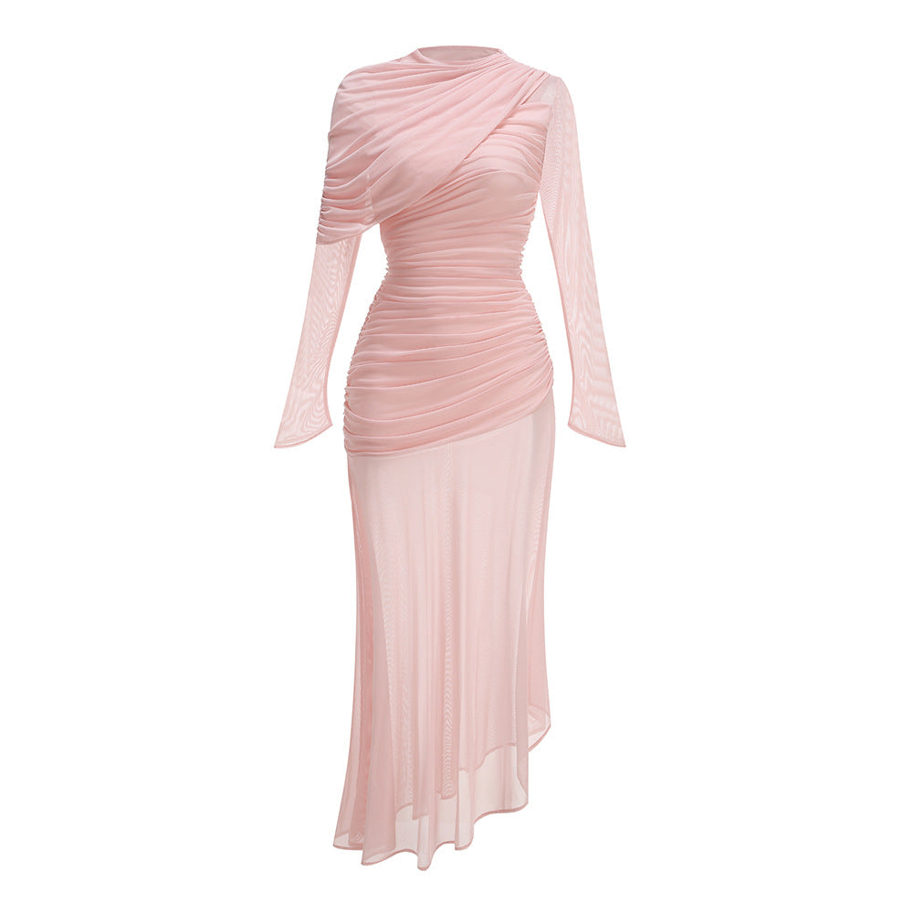 High-Neck Drapey Pleated Mesh Panel Maxi Dress In Pink