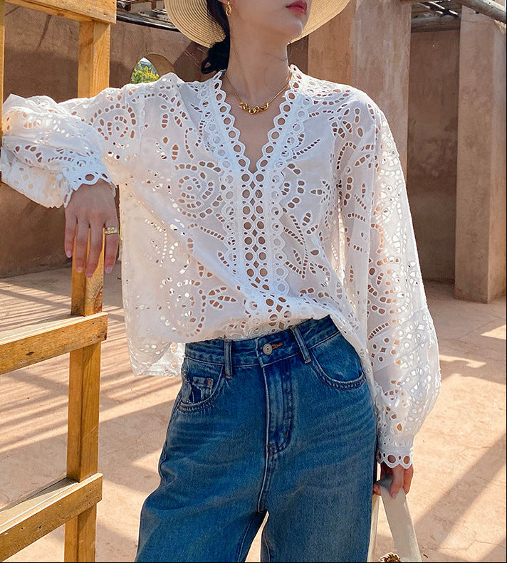 White V-Neck Eyelet Lace Blouse With Balloon Sleeves