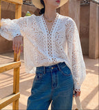 White V-Neck Eyelet Lace Blouse With Balloon Sleeves