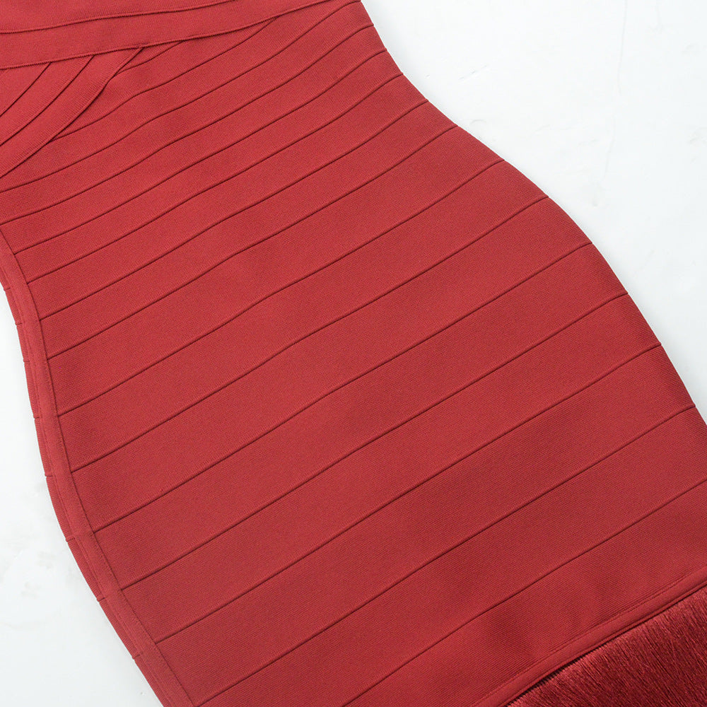Flowering Girl Women tassel bandage lace bodycon midi dress in burgundy