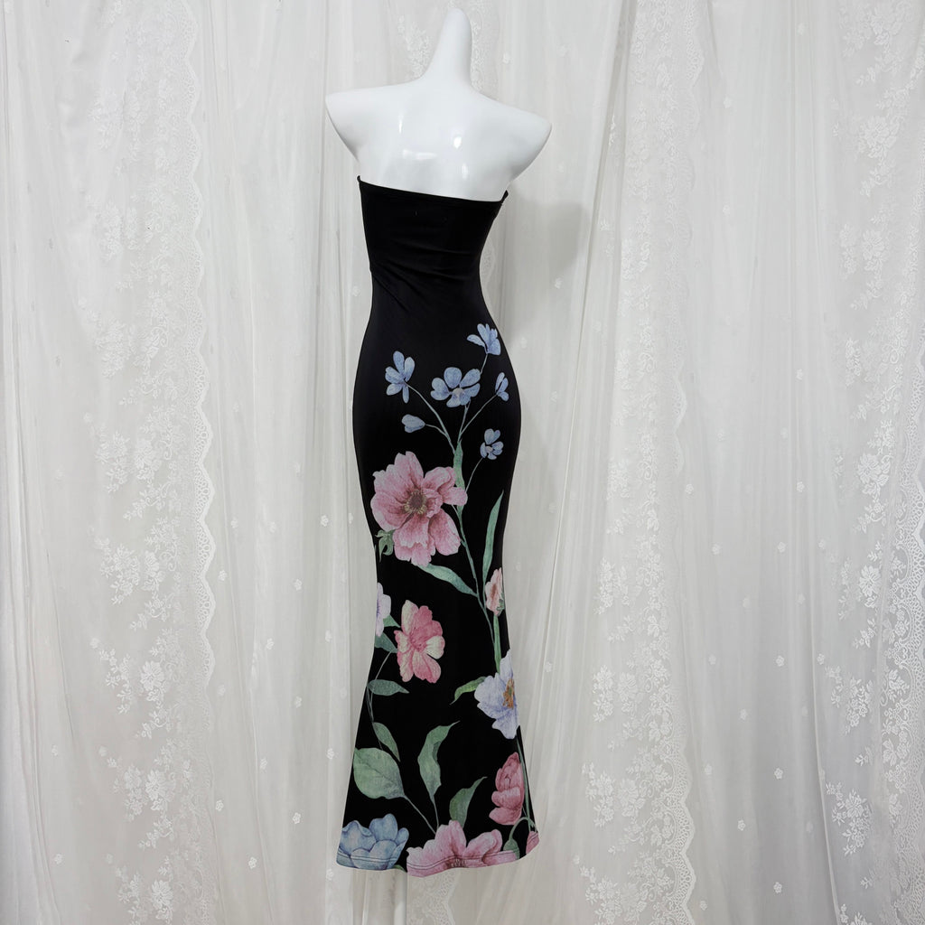 Black Floral Print Strapless Mermaid Maxi Dress