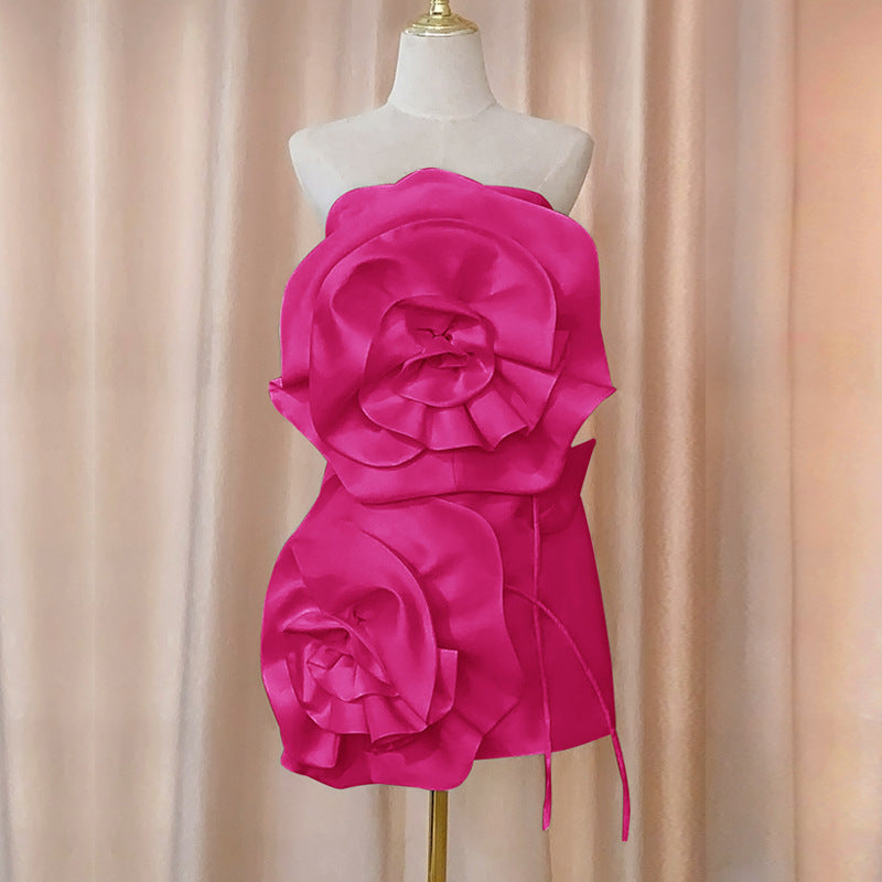 Flowering Girl Women STRAPLESS FLOWER MINI DRESS IN HOT PINK
