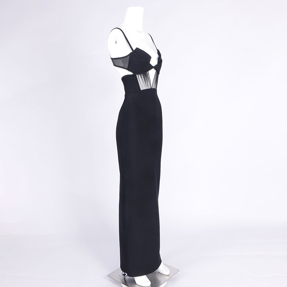 Flowering Girl Women back slit knitted bandage maxi dress in black