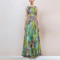 Green Flower Sleeveless Large Swing Maxi Dress