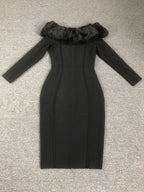 Flowering Girl Women Fuzzy Trim Split Bodycon strapless midi Dress in black