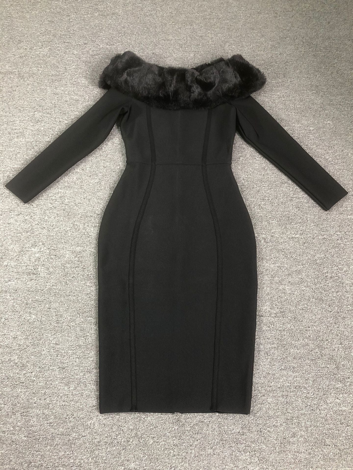 Flowering Girl Women Fuzzy Trim Split Bodycon strapless midi Dress in black