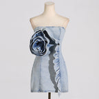 Flowering Girl Women Alison Blue Ruffled Trim Strapless Denim Mini Dress