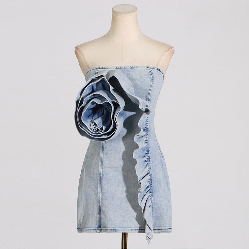 Flowering Girl Women Alison Blue Ruffled Trim Strapless Denim Mini Dress