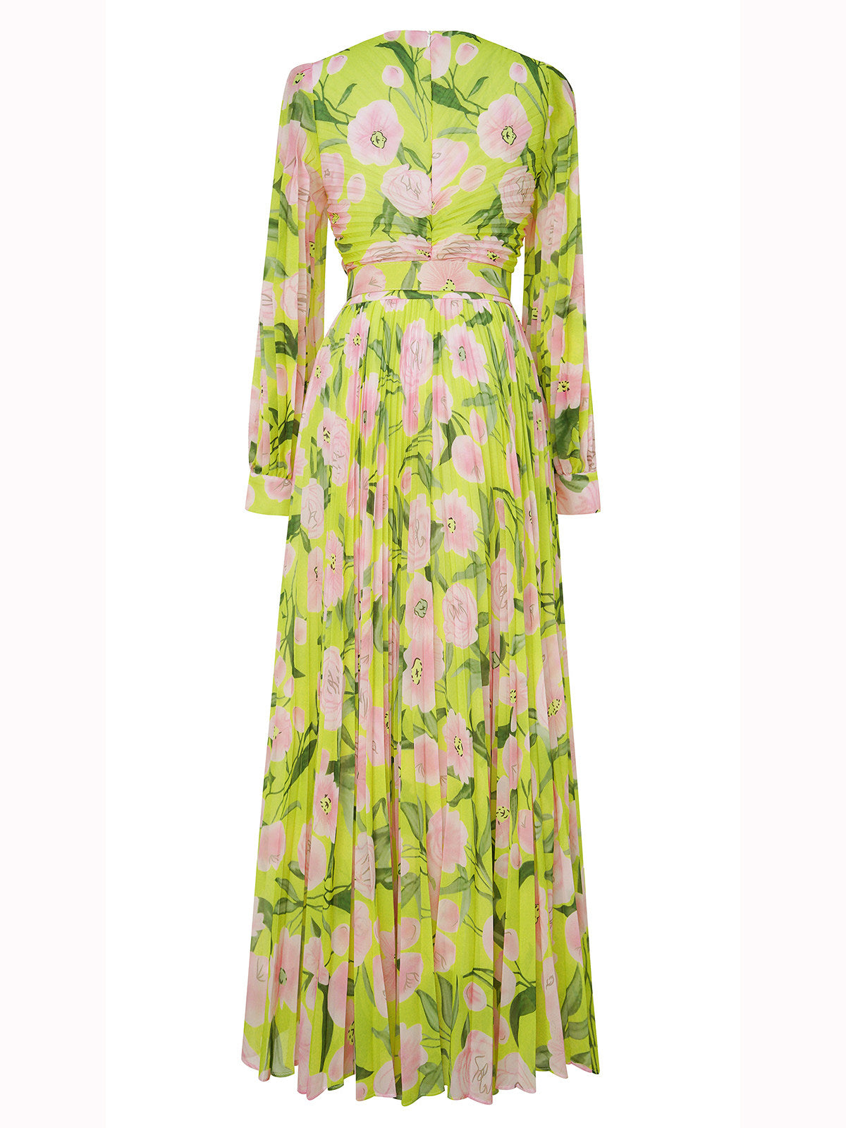 Yellow Floral Long Sleeves Pleated Patterned Dress