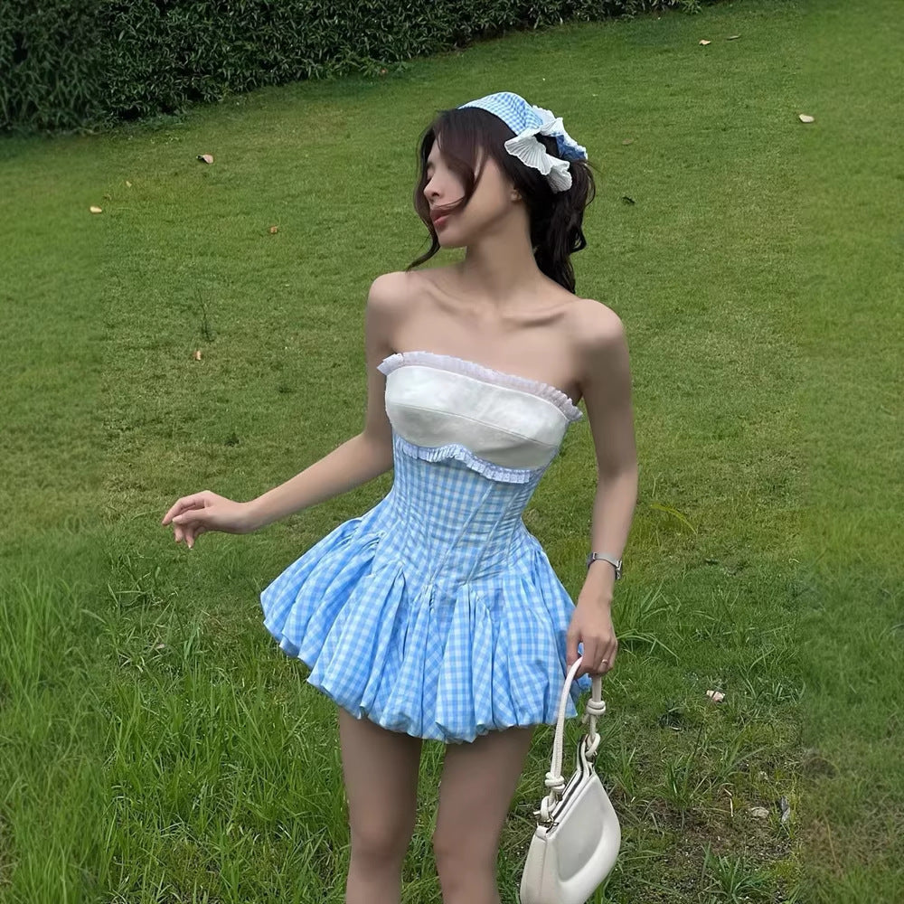 Flowering Girl Women stephanie plaid strapless puffy mini dress - blue
