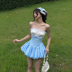 Flowering Girl Women stephanie plaid strapless puffy mini dress - blue