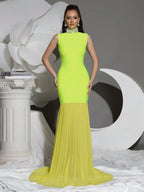 Flowering Girl Women Amy Mesh Stitching Diamond High Collar Bandage Maxi Dress In Green