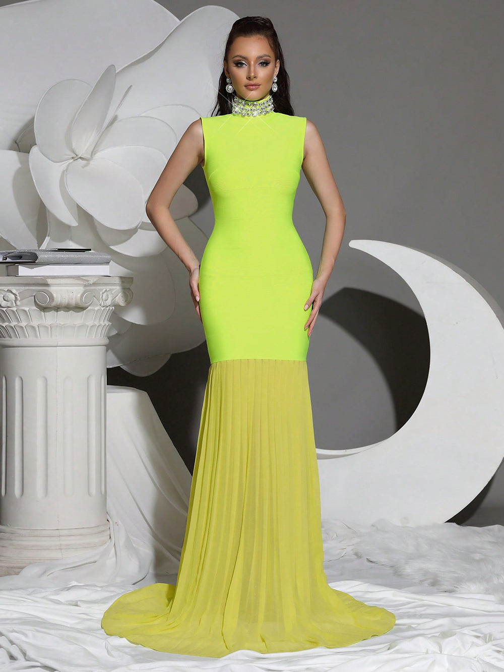 Flowering Girl Women Amy Mesh Stitching Diamond High Collar Bandage Maxi Dress In Green