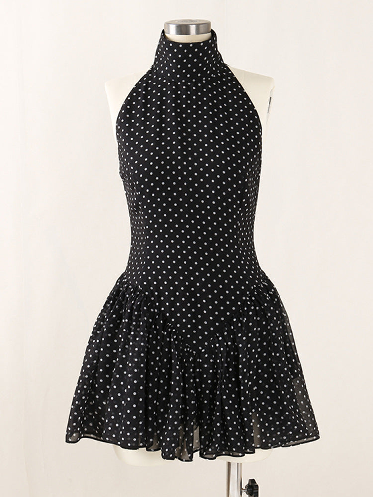 Flowering Girl Women Polka Silk Chiffon Sleeveless Halter Mini Dress In Black