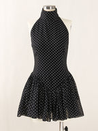 Flowering Girl Women Polka Silk Chiffon Sleeveless Halter Mini Dress In Black