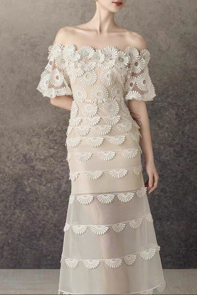 Off-the-Shoulder Daisy Lace Tiered Midi Dress