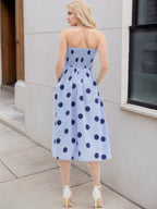Flowering Girl Women Light Blue Polka Dot Strapless Pleated Waist Midi Swing Dress Women Vintage Holiday Dress
