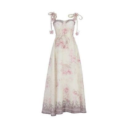 Pastel Floral Print Spaghetti Strap Midi Dress with 3D Flower Appliqués