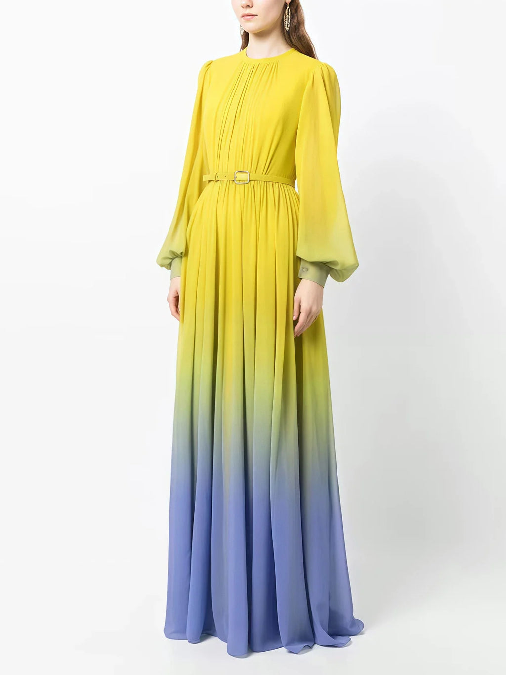 European and American niche gradient dresses, balloon sleeves, yellow long skirts, temperament, long-sleeved skirts, elegant women's long skirts