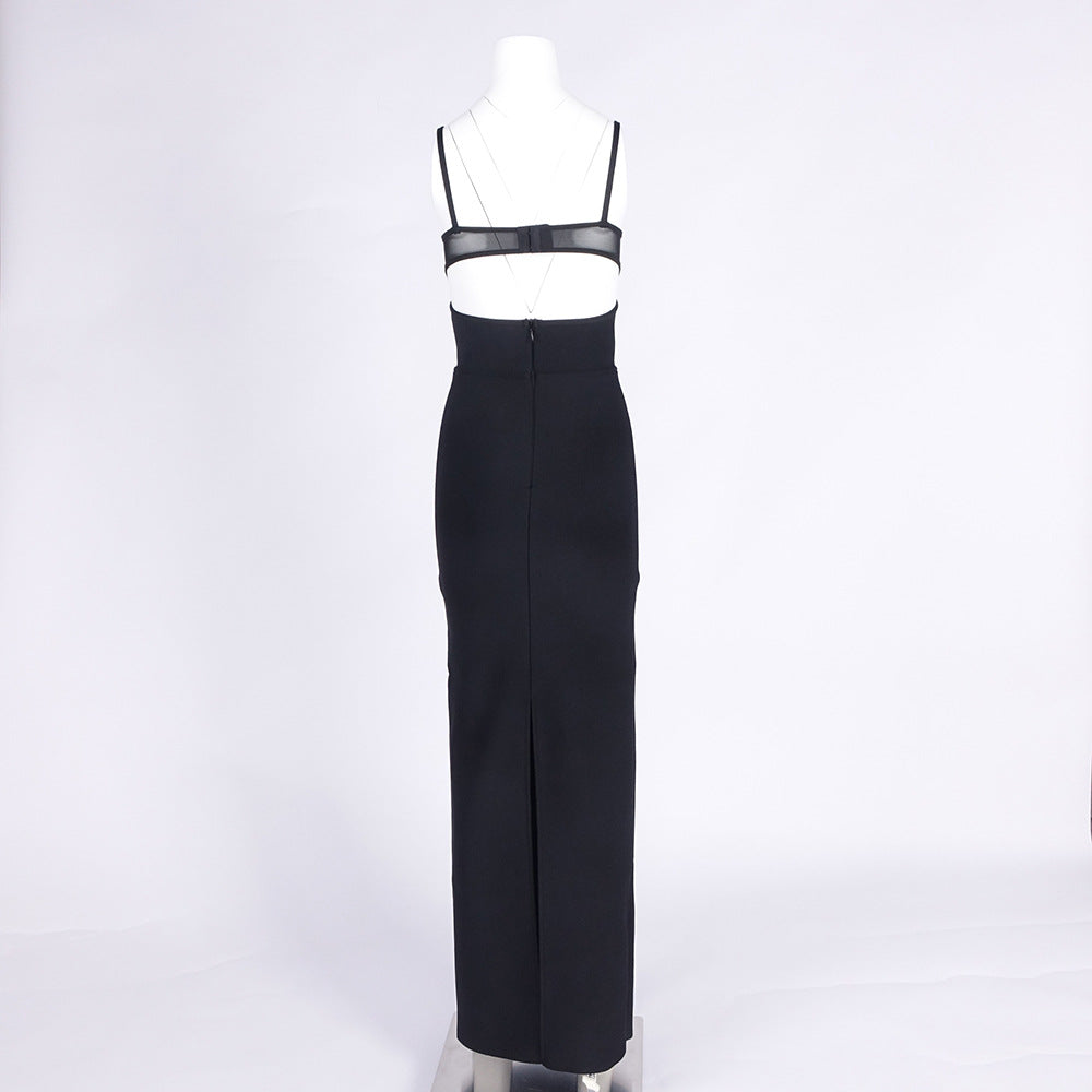 Flowering Girl Women back slit knitted bandage maxi dress in black